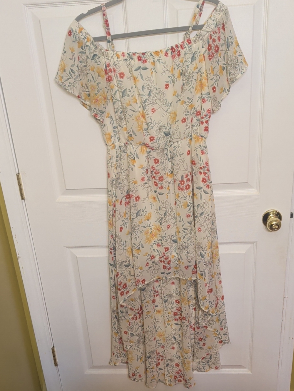 AUW Cream Floral Off-Shoulder High-Low Dress with Yellow & Red Blooms